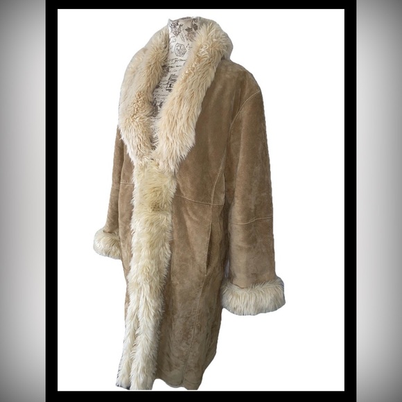 Vintage 90s Y2K Wilsons Leather Tan Faux Fur Trim Long Penny Lane Coat Size XL - Picture 2 of 14